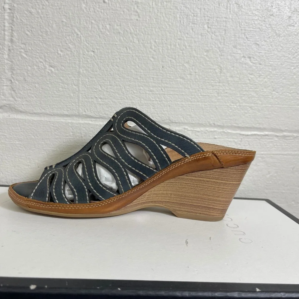 Pikolinos Capri Laser Cut Wedge Sandals Mules Blue Leather Women's 38‎ EU/8 US